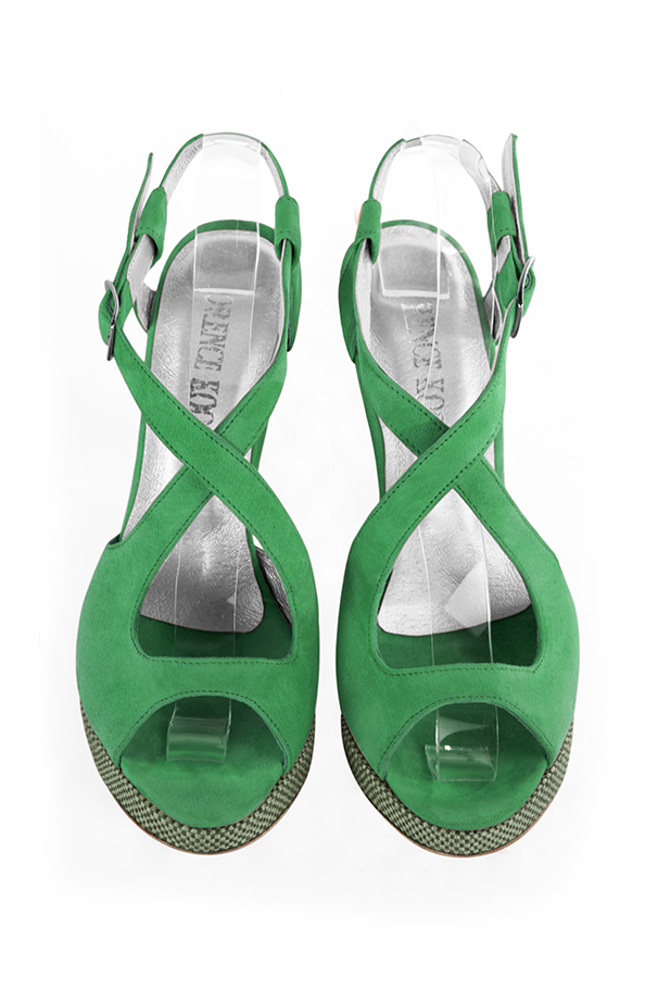 Emerald green women's open back sandals, with crossed straps. Round toe. Very high slim heel with a platform at the front. Top view - Florence KOOIJMAN